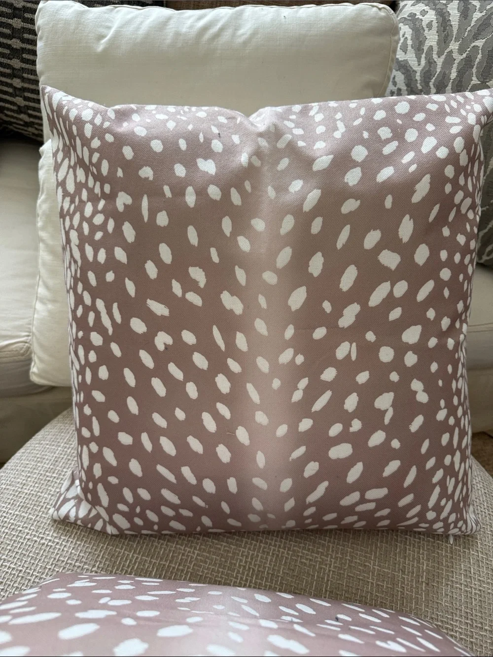 Beige Spot Pattern indoor/ outdoor throw pillow set, Ethan Allen inserts.